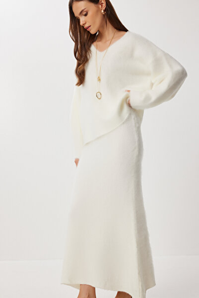 Lovelyİstanbul Wool Blend Sweater Skirt Knit Set LKİ0039 ECRU