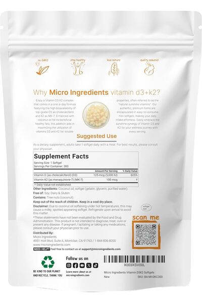Micro ingredients Vitamin D3 5,000 IU + K2 MK-7 100 mcg, 300 Softgels