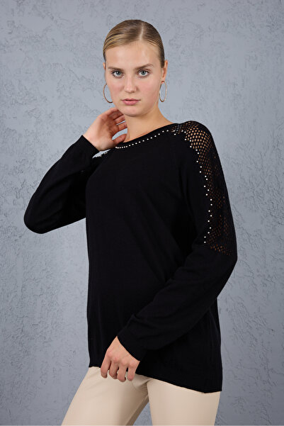 Moda Days Bluză tricotată neagră pentru femei, cu mâneci raglan, cu decolteu rotund, cu detalii de perle tricotaj cu aspect dantelat