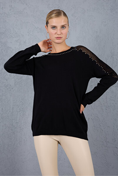 Moda Days Bluză tricotată neagră pentru femei, cu mâneci raglan, cu decolteu rotund, cu detalii de perle tricotaj cu aspect dantelat