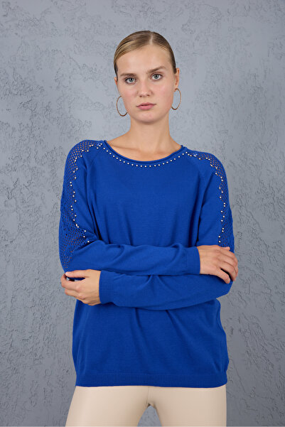 Clothes Fast Women's Cobalt Blue Lace-Like Knit Pearl Detailed Raglan Sleeve Round Neck Knitwear Blouse