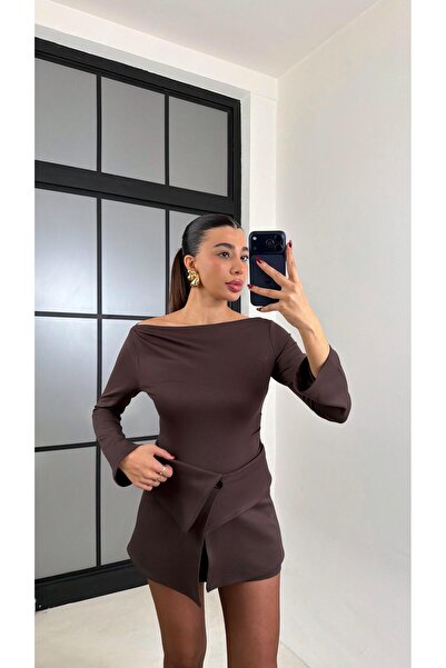 Gaus Acı Kahve Mini Elbise Etekli İkili Takım GAUS-00717