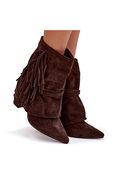 BOTO Women's ankle boots with fringed heels and gold buckles in chocolate Evelisse 36