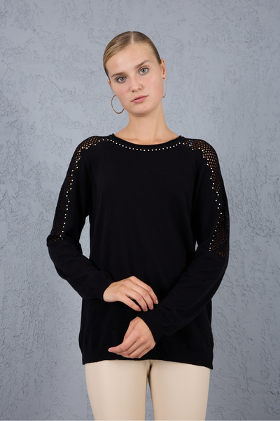 Moda Days Bluză tricotată neagră pentru femei, cu mâneci raglan, cu decolteu rotund, cu detalii de perle tricotaj cu aspect dantelat