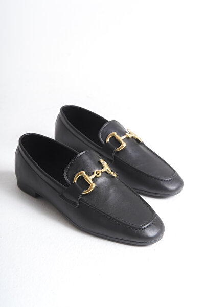 senzora Women's Loafer Ballet Flats with Buckle Black Leather