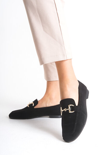 senzora Women's Loafer Ballet Flats with Buckle Black Suede