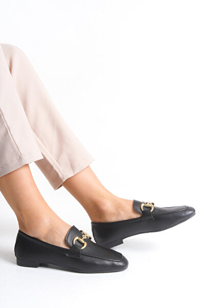 senzora Women's Loafer Ballet Flats with Buckle Black Leather