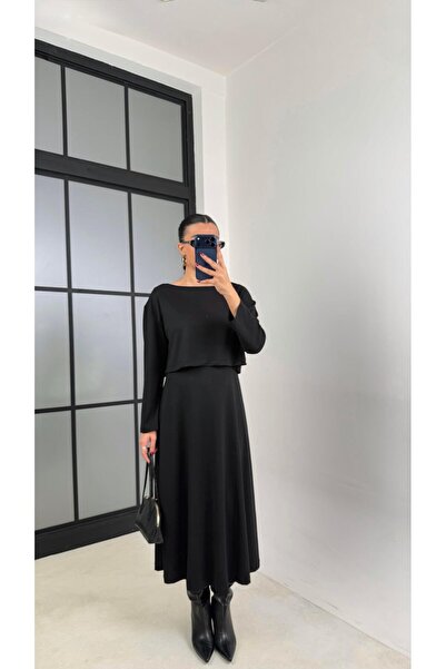 Gaus Black Sweater Dress Double Basic Modal Set Gaus-00722