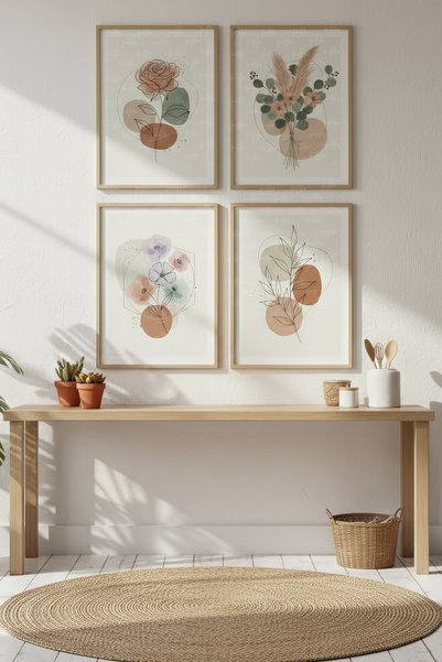 Tontilika Pastel Çiçekler Dekoratif 4’lü Ahşap Çerçeveli Tablo Seti - Salon D...
