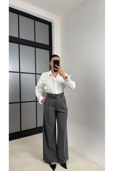 Gaus Antrasit Pile Detaylı Kemerli Kumaş Pantolon GAUS-00695