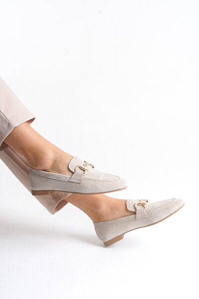 senzora Women's Loafer Ballet Flats with Buckle Beige Suede