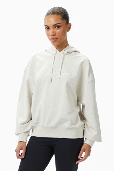 Calvin Klein Kadın Logo French Terry Kapüşonlu Sweatshirt - Ekru
