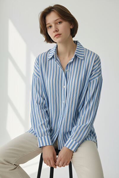 NEWCO Women's Vertical Striped Long Sleeve Comfortable Fit Button down Shirt