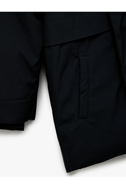 Koton Long Sleeve Snap Detailed Pocket Slim Fit Hooded Coat