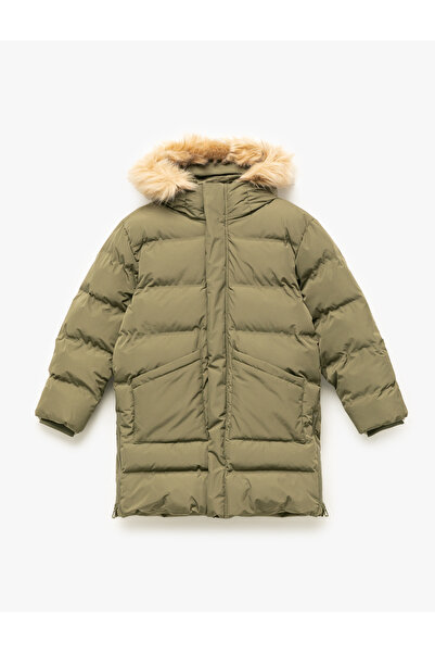 Koton Plush Detailed Long Sleeve Zippered Pocket Long Hooded Puffer Coat