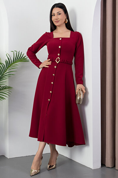 PULLIMM Square Neck Buttoned Rubber Belt Dress 2025-4314