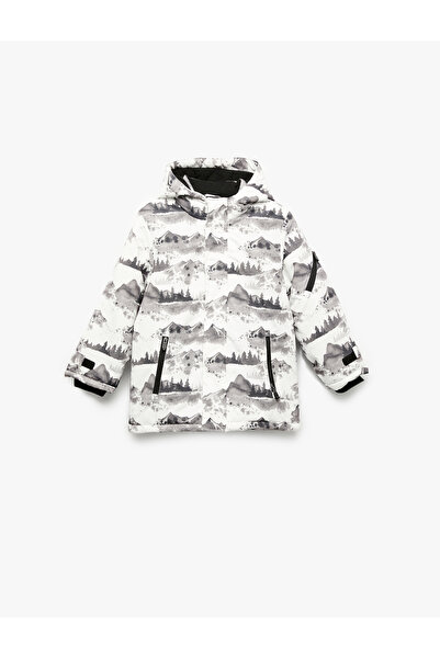 Koton Fleece Lined Patterned Long Sleeve Hooded Coat