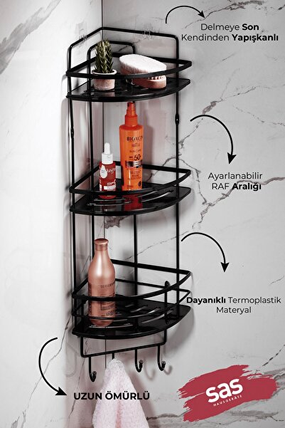 Sas Haus 3-Tier Adhesive Bathroom Corner Shelf with Hooks – Adjustable Crystal Shelf (Stick-On/Screw-On) Black-Black