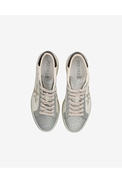 Premiata Women's Leather and Fabric Mixed Gold Logo Signed White Sneaker Claudia 7756-White