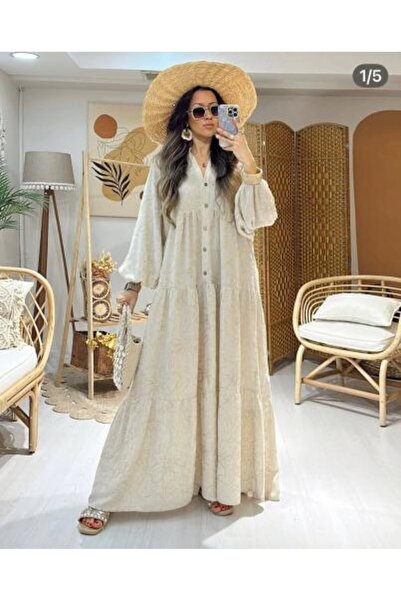 stellacloset Beige dress embroidered with golden threads - modern elegant style