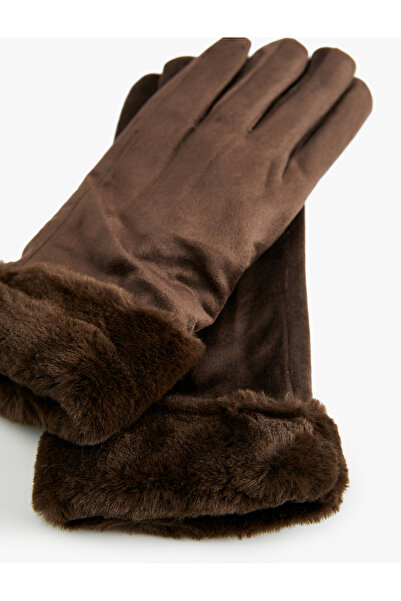 Koton Suede Look Gloves with Faux Fur Detail