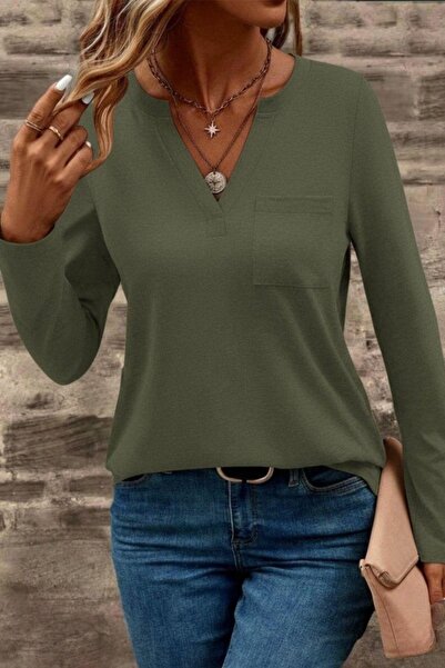 Mossta V-Neck Viscose Two-Thread Blouse with Pockets - Khaki