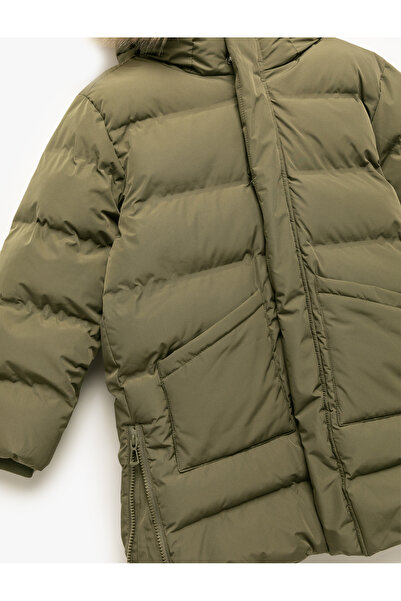 Koton Plush Detailed Long Sleeve Zippered Pocket Long Hooded Puffer Coat