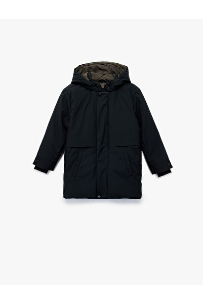 Koton Long Sleeve Snap Detailed Pocket Slim Fit Hooded Coat