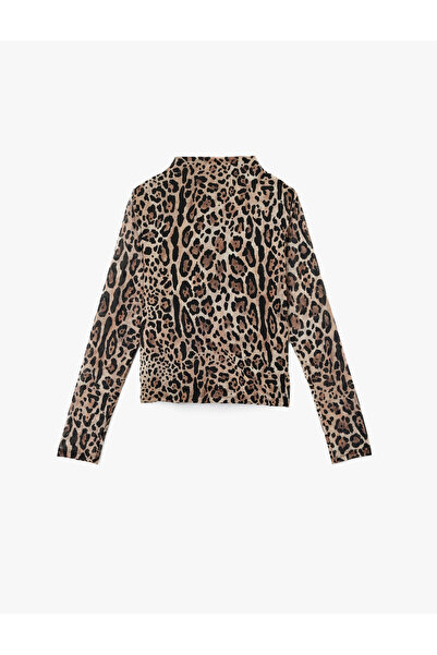 Koton Long Sleeve Semi Sheer Draped Mock Neck Leopard Print Tulle Blouse