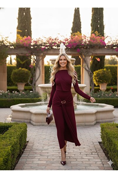 ezber moda فستان سيندي بيلدن بحزام ومشبك وفتحة