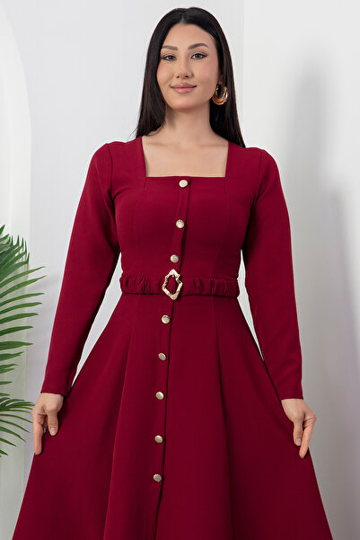 PULLIMM Square Neck Buttoned Rubber Belt Dress 2025-4314