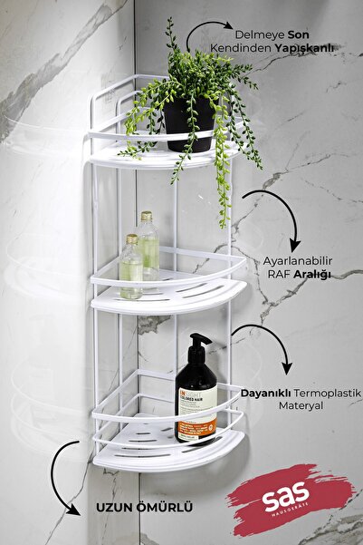 Sas Haus 3-Tier Adhesive Bathroom Corner Shelf – Adjustable Crystal Shelf (Stick-On/Screw-On) White-White