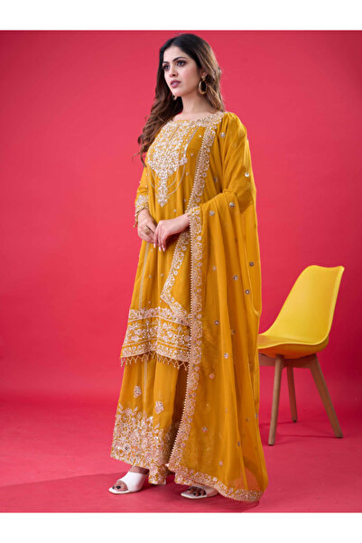 MYSMAR Yellow Faux Georgette Salwar Kameez & Dupatta - HRT5168 | Yellow