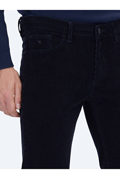 Kip Navy Blue Corded Woven Slim Fit Velvet Casual Cotton Blended Trousers