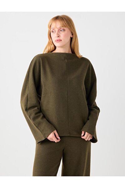 Jimmy Key Khaki Melange Relaxed Fit Batwing Sleeve Soft Textured Sweatshirt