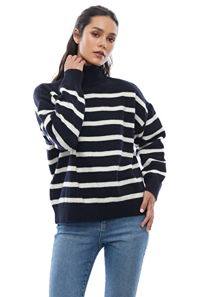 PAULMARK Γυναικείο πλεκτό πουλόβερ με ριγέ μισό ζιβάγκο