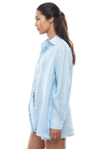 PAULMARK Γυναικείο λινό πουκάμισο με κουμπιά στο κάτω μέρος της φούστας