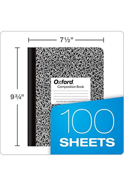 Oxford Composition Notebooks, College Ruled, 9-3/4 x 7-1/2 in, 100 Sheets, Black Cover, Pack of 6