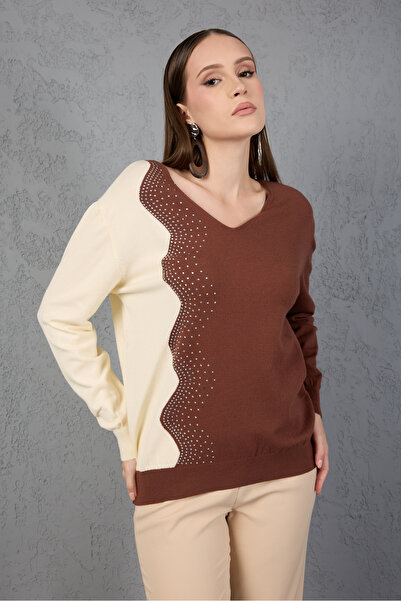 Moda Days Coffee-Ecru Two-Tone Stone Detailed V-Neck Knitwear Blouse