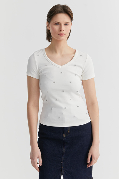 PAULMARK Short Sleeve Stone Detailed Blouse