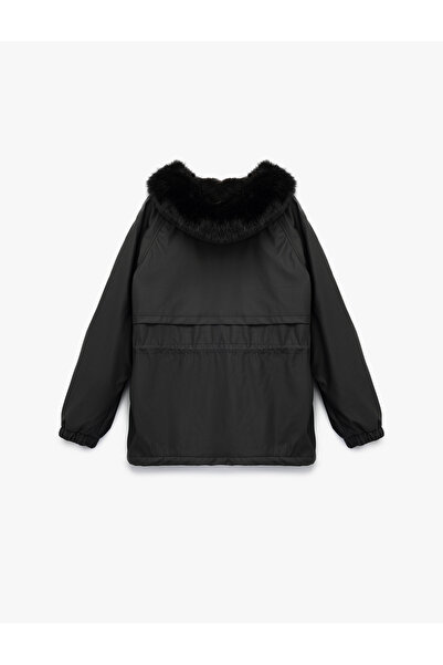Koton Hooded Anorak Coat with Fleece Lining, Pockets, Detachable Faux Fur Accessory Detail