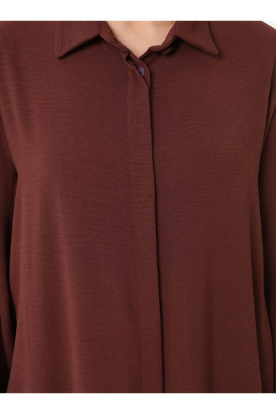Refka Shirt Collar Long Hijab Tunic - Brown -