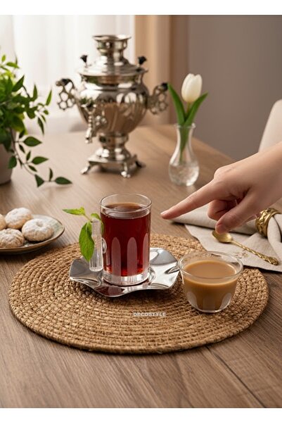 DECOSTYLE 18 Piece Modern Glass Tea Set with Silver Steel Plate