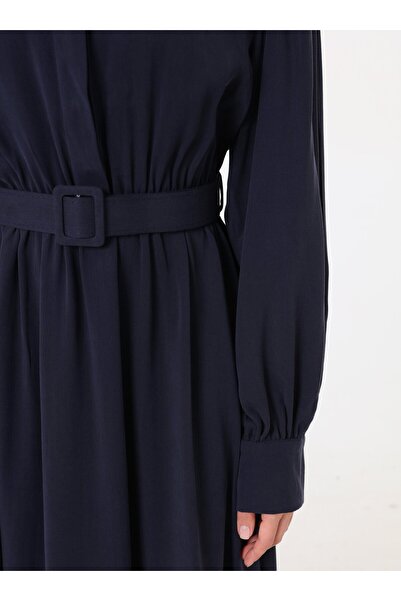 Refka Modal Fabric Belt Detailed Hijab Dress - Navy Blue -