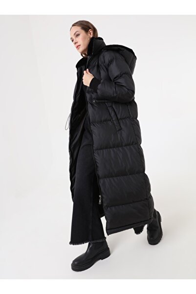 Refka Fur Detailed Hooded Long Puffer Coat - Black -