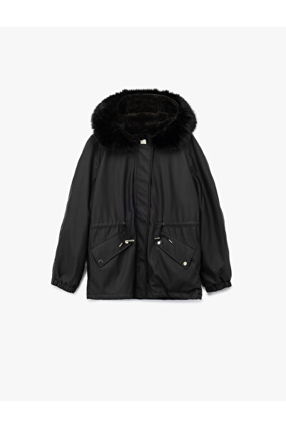 Koton Hooded Anorak Coat with Fleece Lining, Pockets, Detachable Faux Fur Accessory Detail