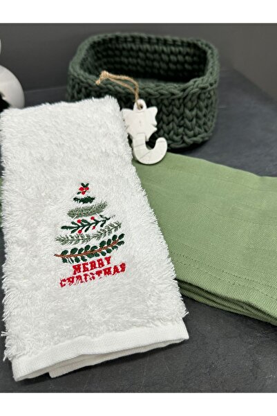 Yılbaşı Temalı Fir Leaf Nakışlı Havlu Seti – El Emeği Sepetli Kokulu Taşlı Hediyelik