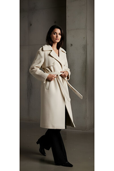 MODA Angora Coat with Epaulettes and Feathered Belt