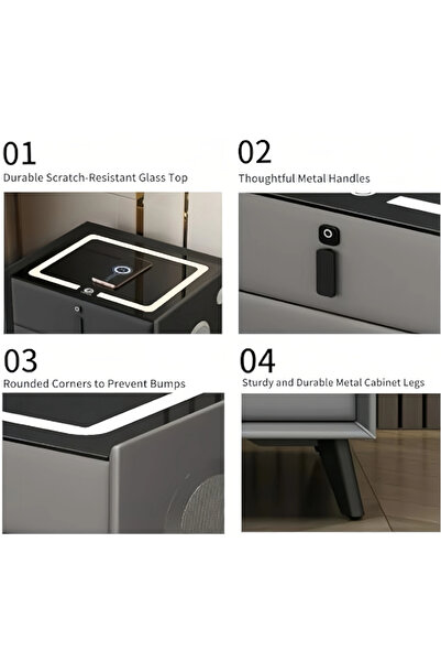 POWER Wooden bedside table with fingerprint lock drawer + USB port + three-color LED light