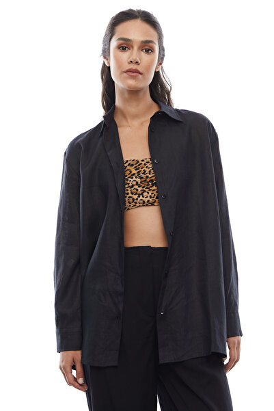 PAULMARK Γυναικείο λινό πουκάμισο με κουμπιά στο κάτω μέρος της φούστας